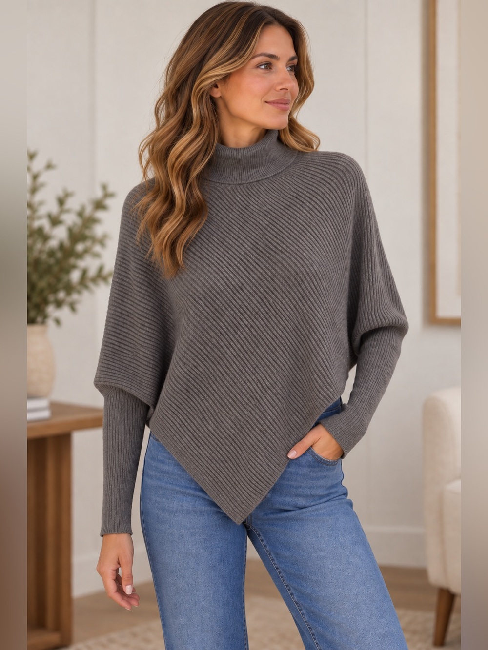 Halara Gray Turtleneck Poncho Sweater Batwing Asymmetric Hem NWT Medium